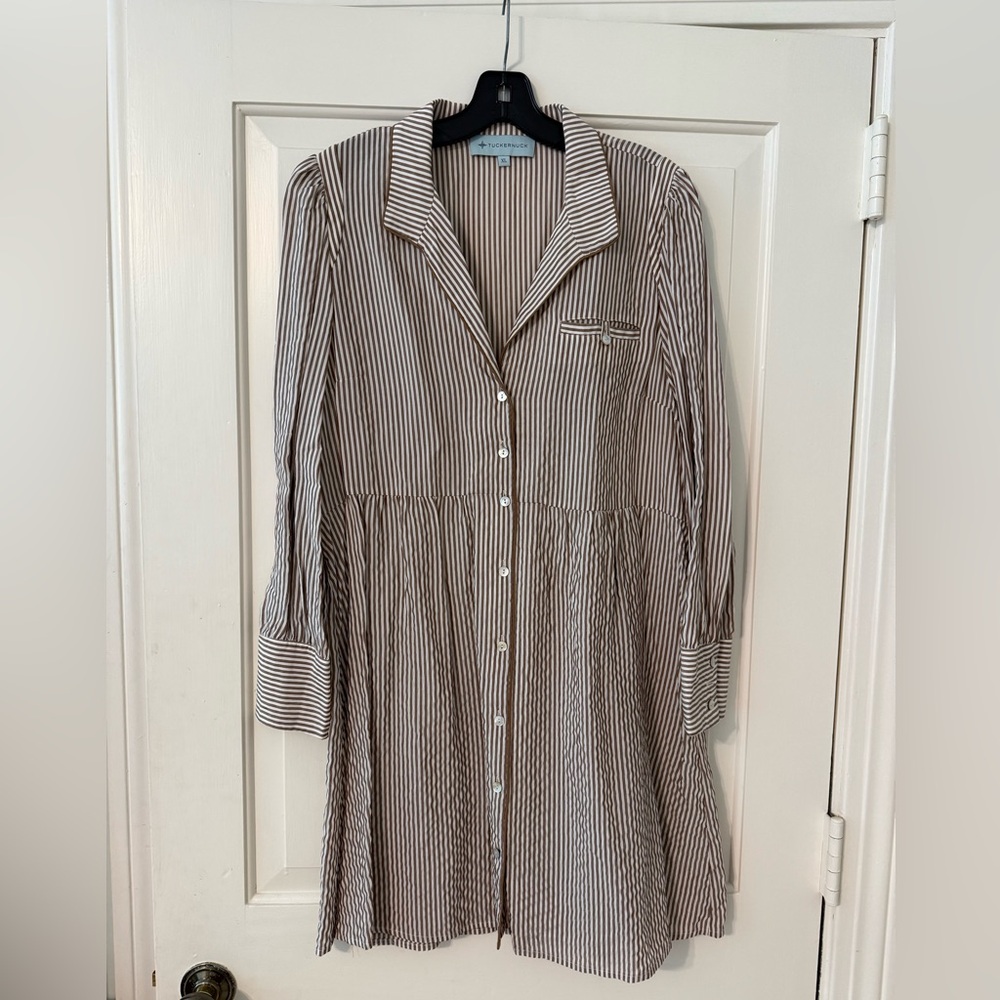 Tuckernuck Brown and White Striped Florence Shirt dress
